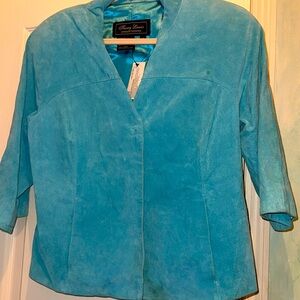 Nordstrom pale blue suede jacket with hidden button closure. SZ XS 2 4
